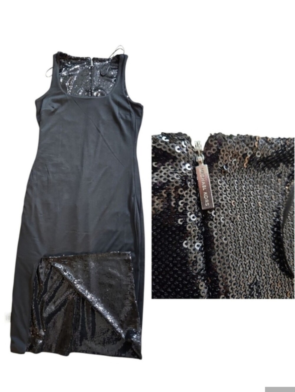 MICHAEL Michael Kors Black Sequin Midi Dress Slit Sz P/M - Picture 6 of 8
